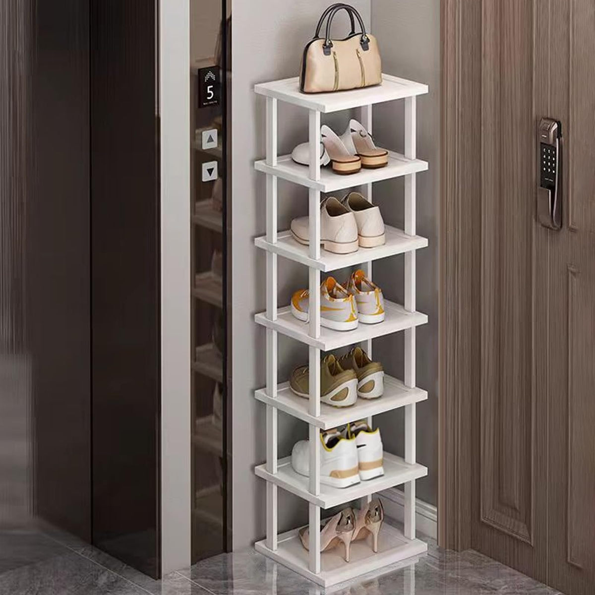 SAN HE 7-Tier bamboo shoe rack top view highlights compact space-saving design.
