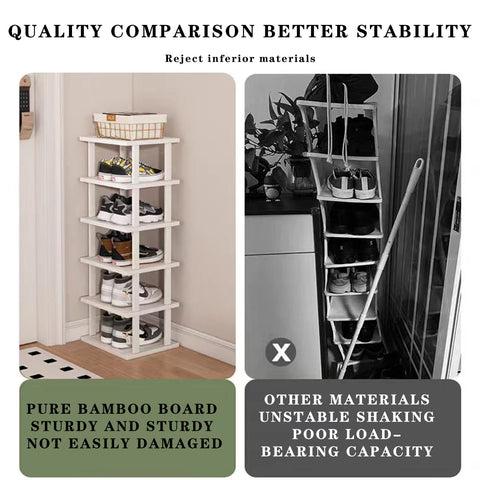 SAN HE bamboo shoe rack placed in a corner saves space and reduces clutter.