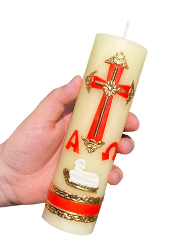 San Rafael Arcangel Cirio Pascual Rojo candle prepared for baptism and confirmation ceremonies.