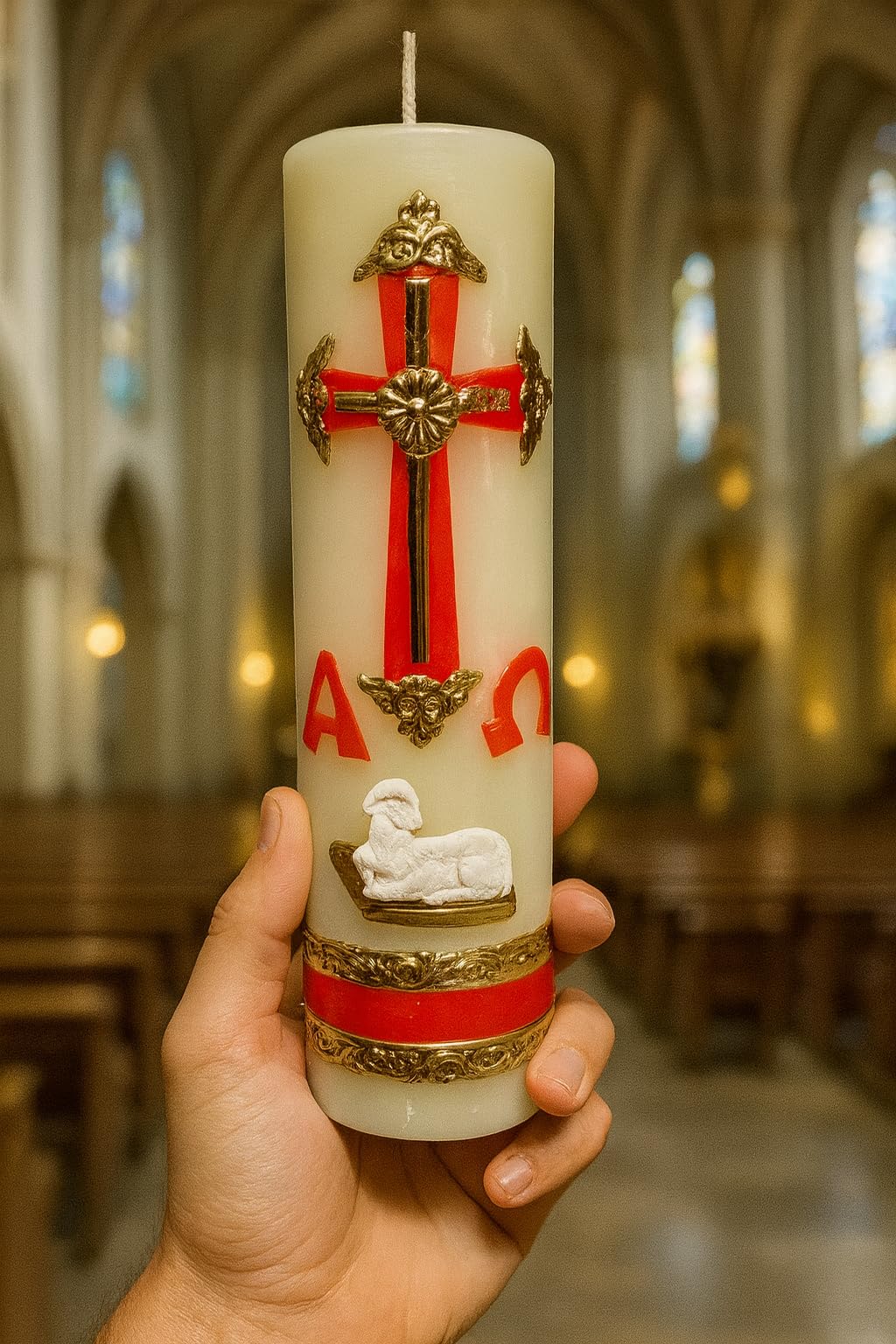San Rafael Arcangel Cirio Pascual Rojo candle shown at wedding blessings.