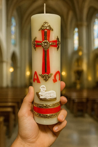 San Rafael Arcangel Cirio Pascual Rojo candle shown at wedding blessings.