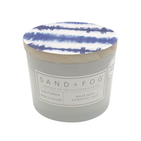 Sand + Fog California Beach House candle in a glass jar with decorative lid, ideal for gifting.