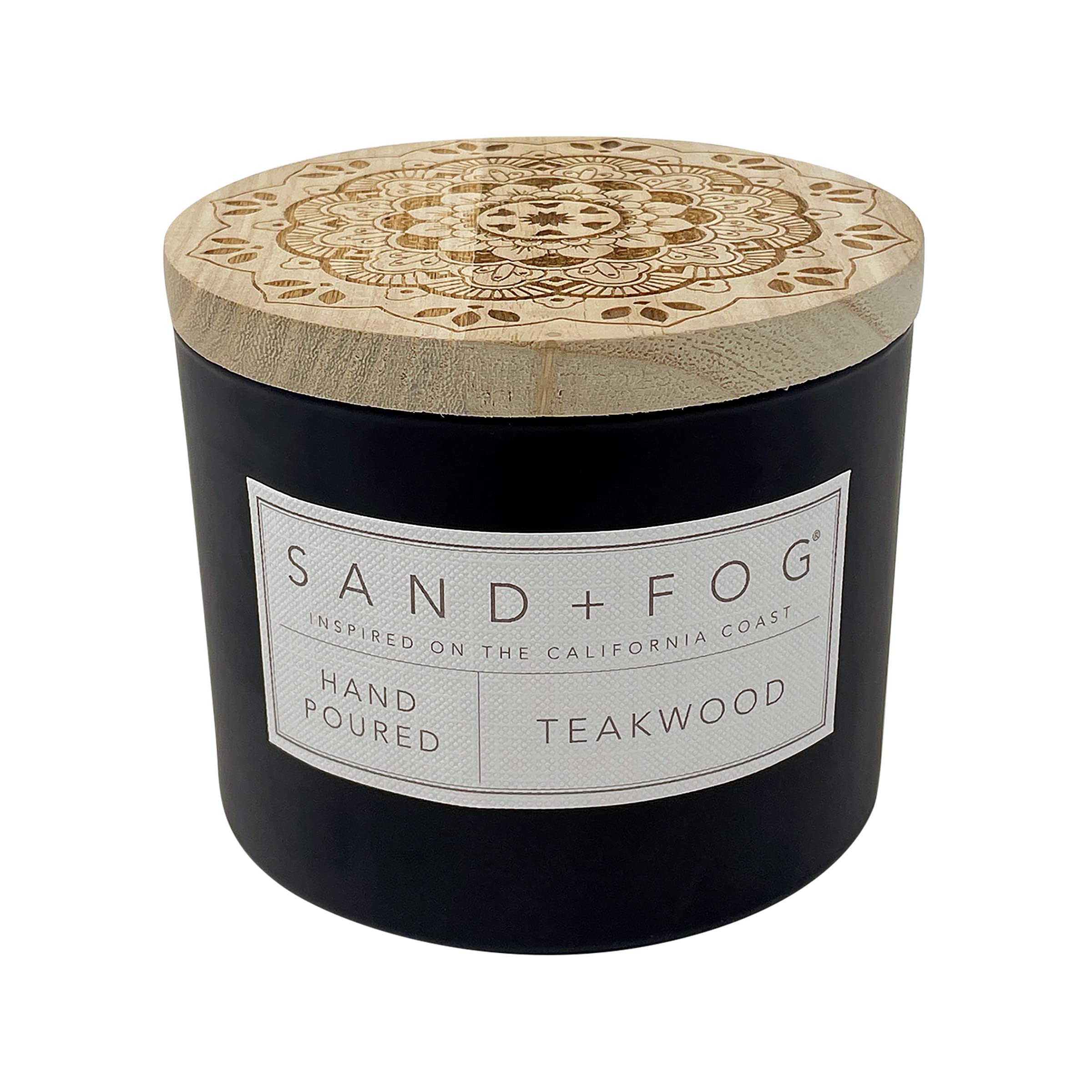 Sand + Fog Teakwood 12oz candle with a warm, woodsy aroma.