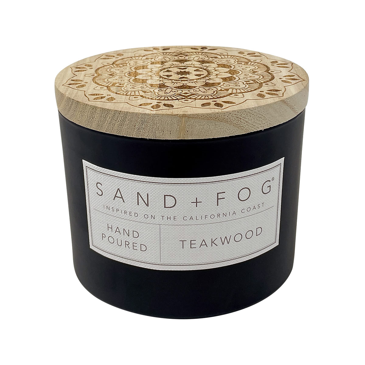 Sand + Fog Teakwood 12oz candle with a warm, woodsy aroma.