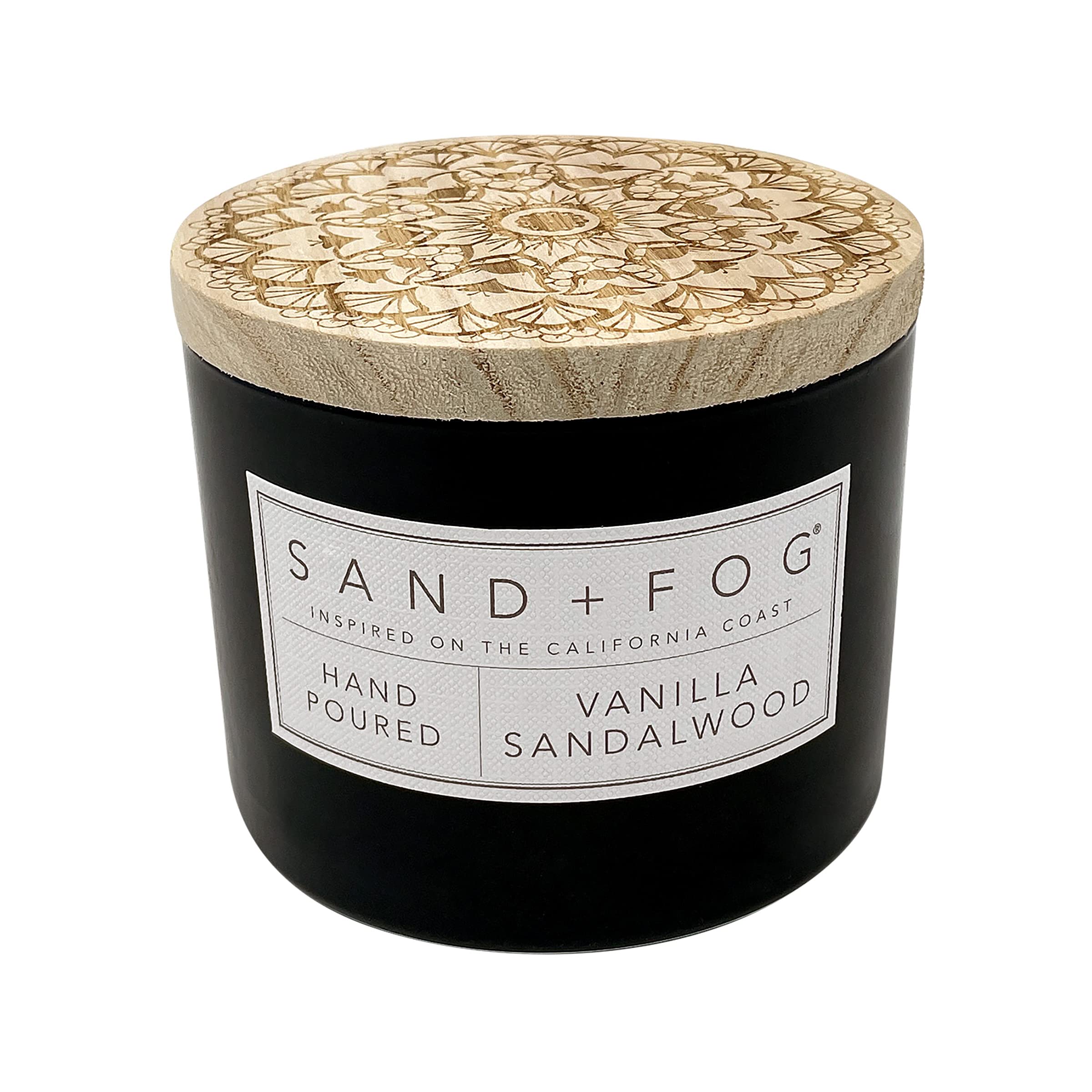 Sand + Fog Vanilla Sandalwood candle with 2 wicks for even burn and lasting fragrance.