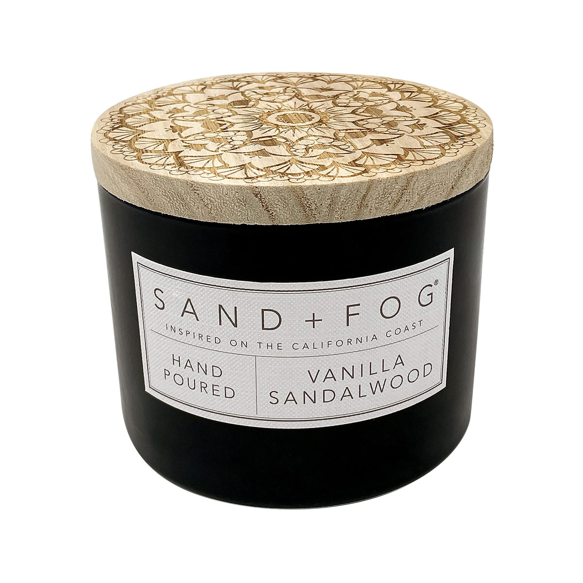 Sand + Fog Vanilla Sandalwood candle with 2 wicks for even burn and lasting fragrance.