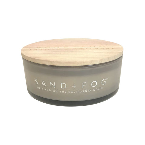 Sand + Fog Vanilla Sandalwood candle jar with seven lead-free wicks for clean burning.