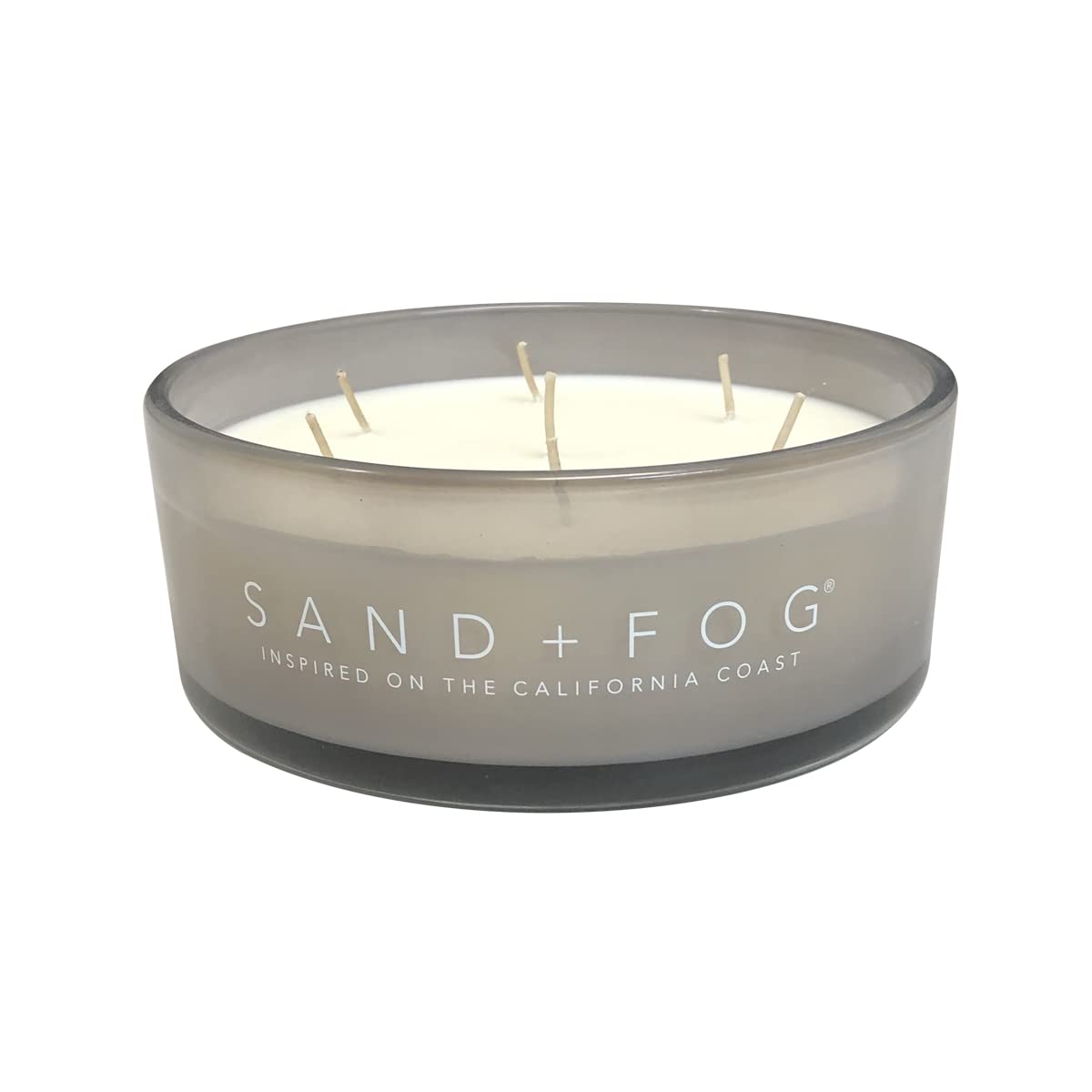 Sand + Fog Vanilla Sandalwood candle close-up showing wicks and glass clarity.