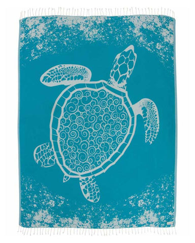 Sand Cloud XL Turkish Beach Towel, Crush Turtle Teal, ideal for sunbathing on sand.