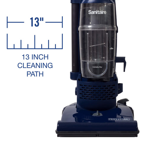 Sanitaire Professional bagless upright vacuum shows a 13-inch cleaning path for quick coverage.