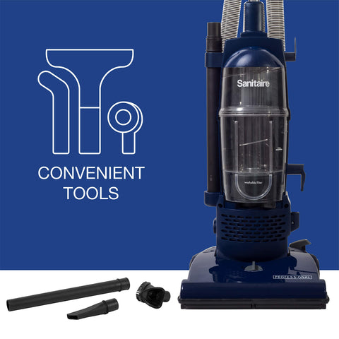 Sanitaire Professional bagless upright vacuum features a 30-foot cord to reduce outlet switches.