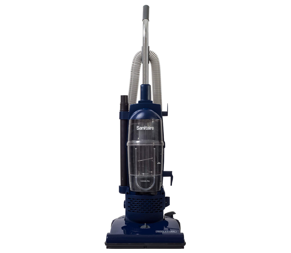 Sanitaire Professional bagless upright vacuum with 1-quart dirt cup for easy emptying.