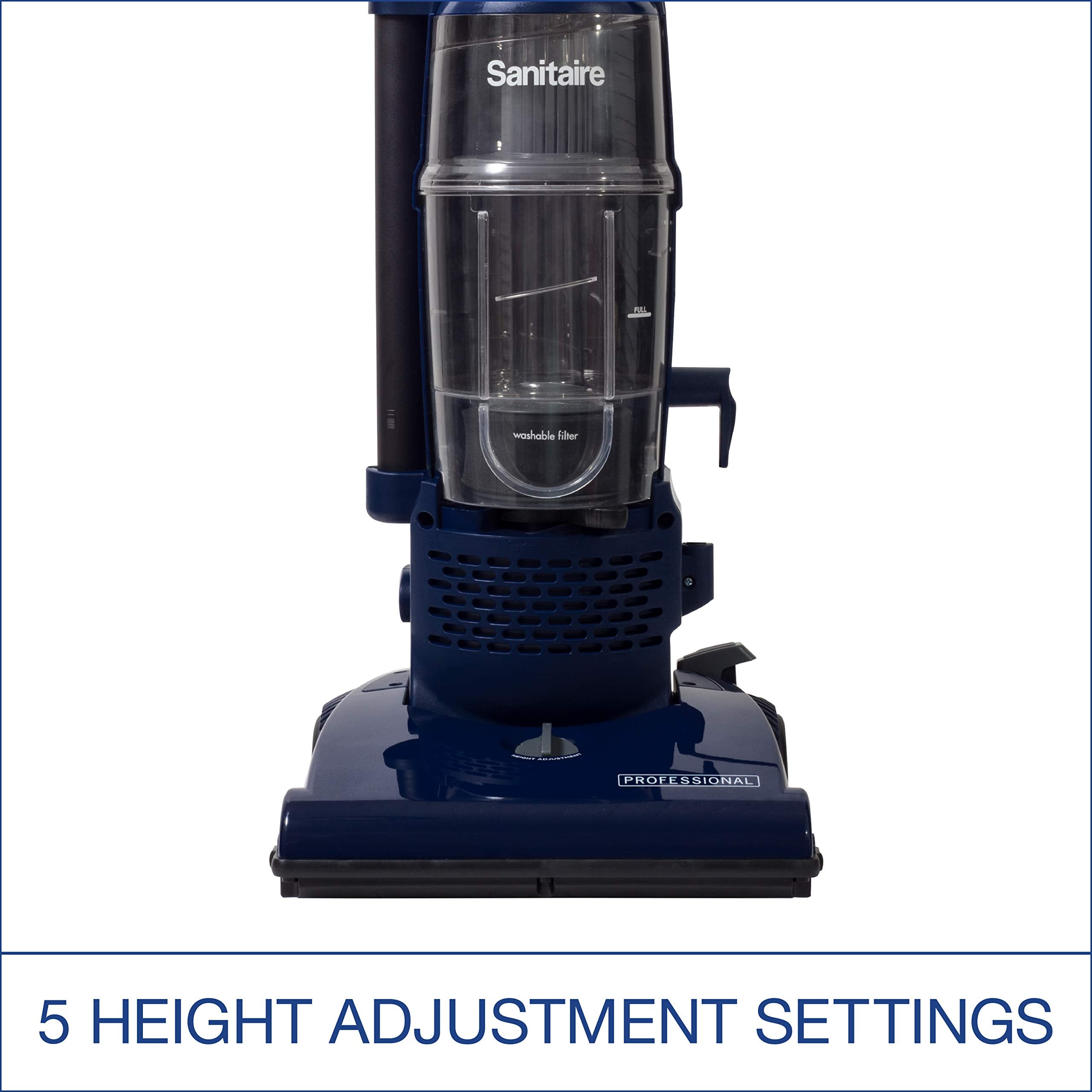 Sanitaire Professional bagless upright vacuum offers five height settings for different carpet types.