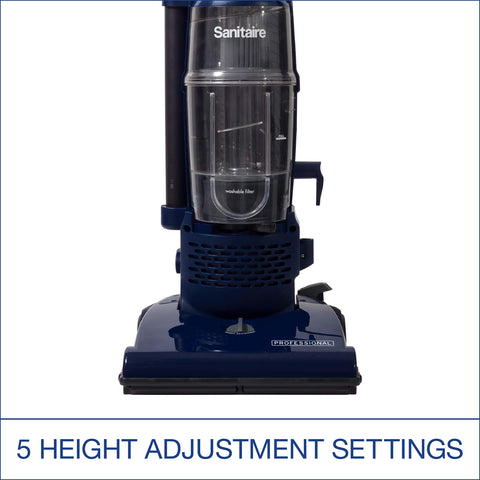 Sanitaire Professional bagless upright vacuum offers five height settings for different carpet types.
