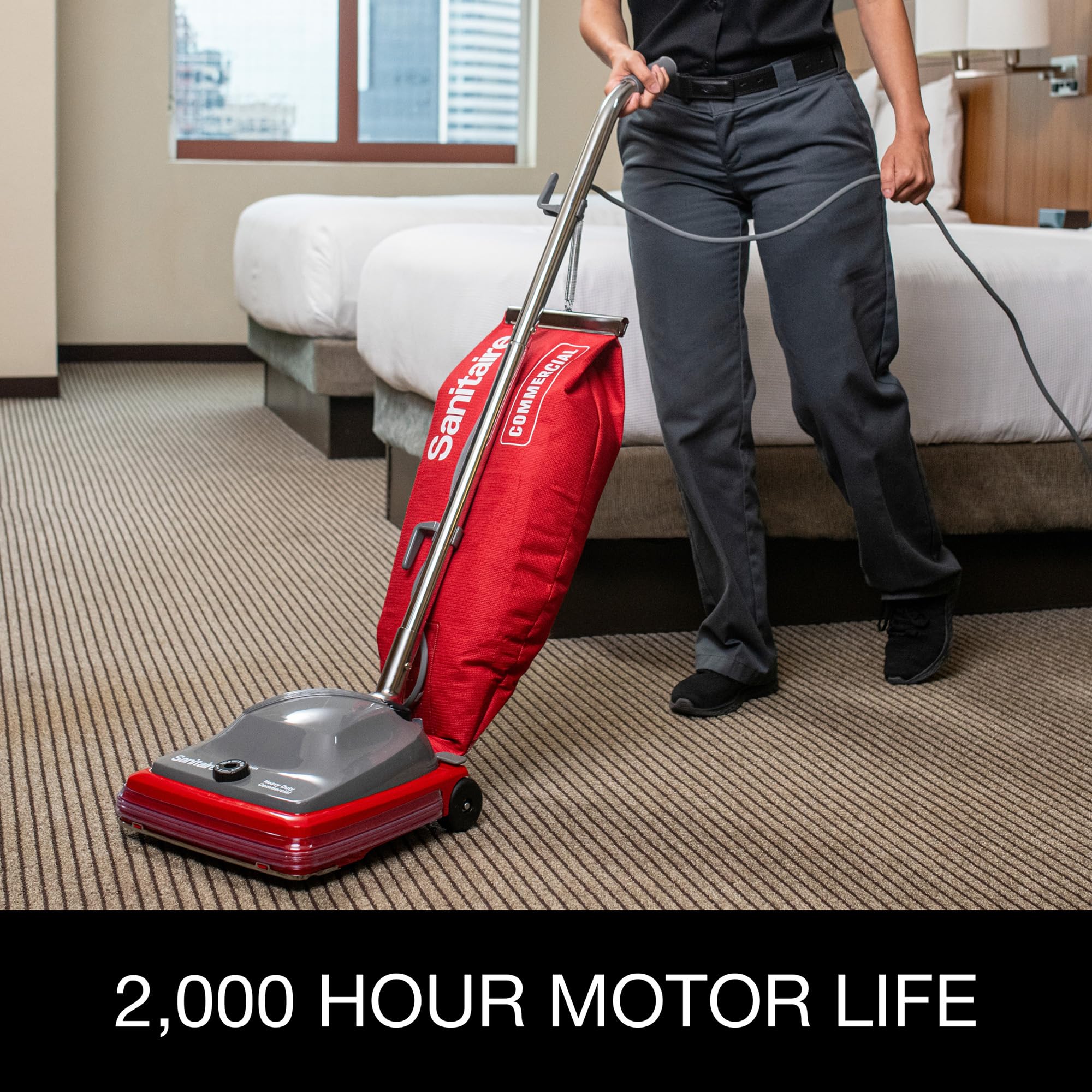 Sanitaire Tradition vacuum with a 12-inch cleaning path for wide coverage.