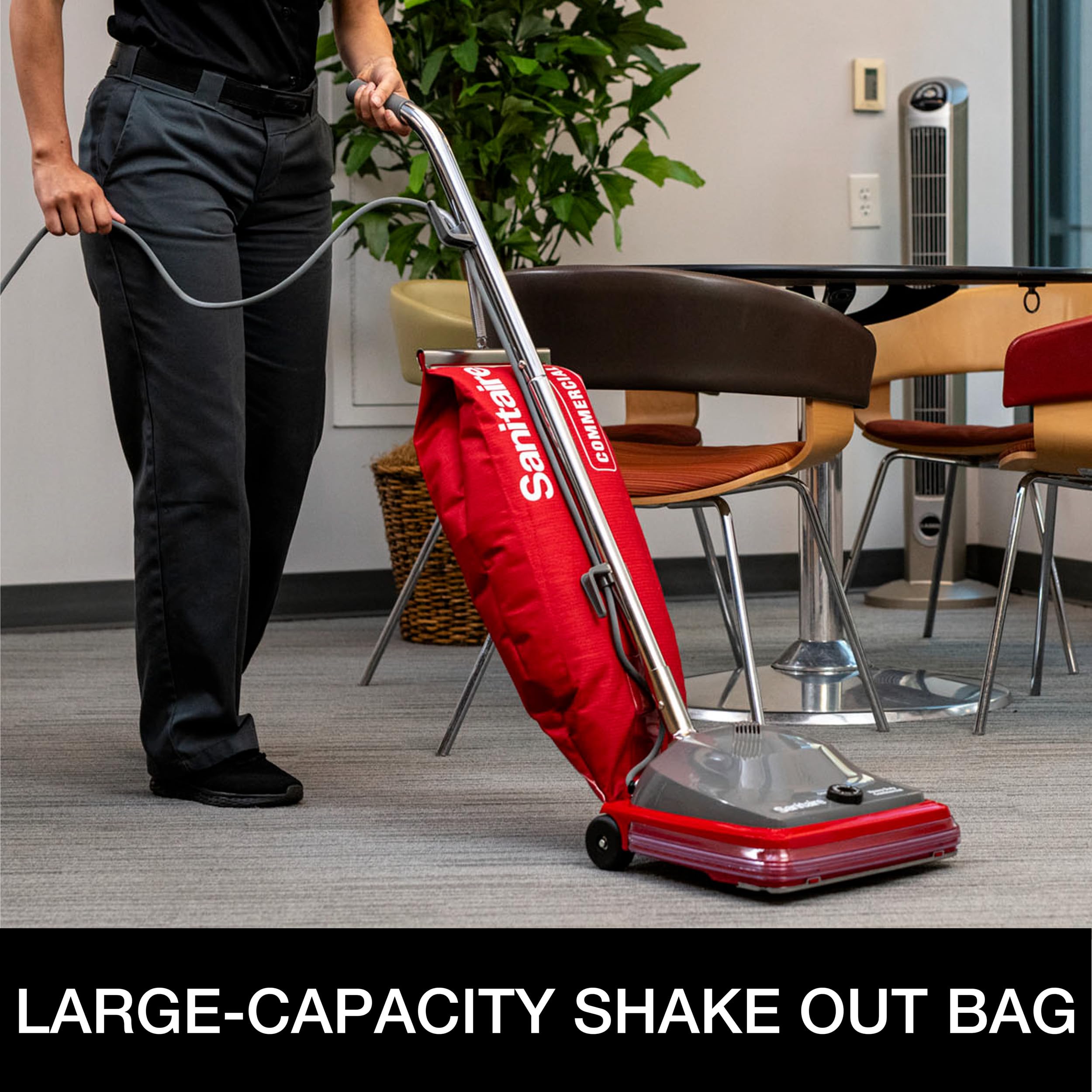 Sanitaire Tradition upright vacuum with brush roll for thorough surface cleaning.
