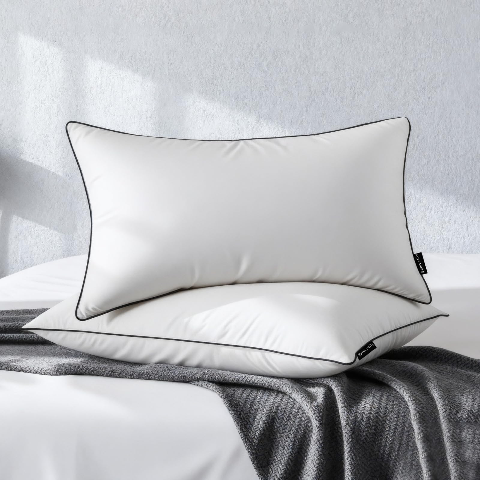 Sanivosily feather down pillow queen 2-pack on bed, plush support for a restful night