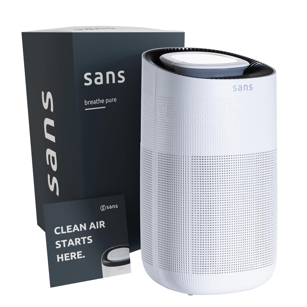 Sans HEPA 13 air purifier in white, front view showing clean, modern design