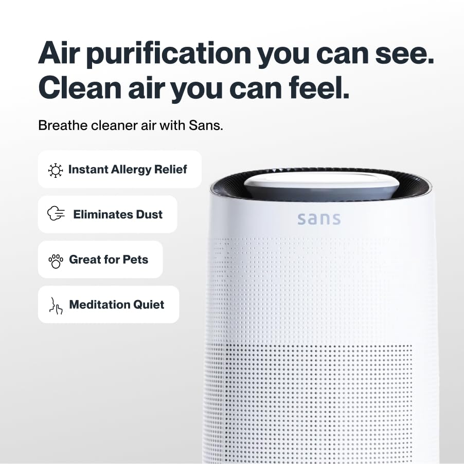 Sans HEPA 13 air purifier in white, side view blending with contemporary decor