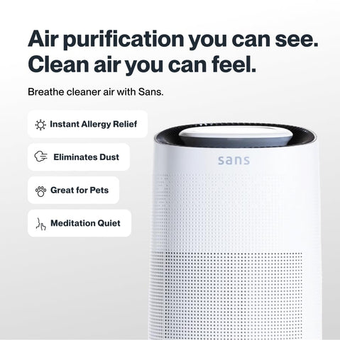 Sans HEPA 13 air purifier in white, side view blending with contemporary decor