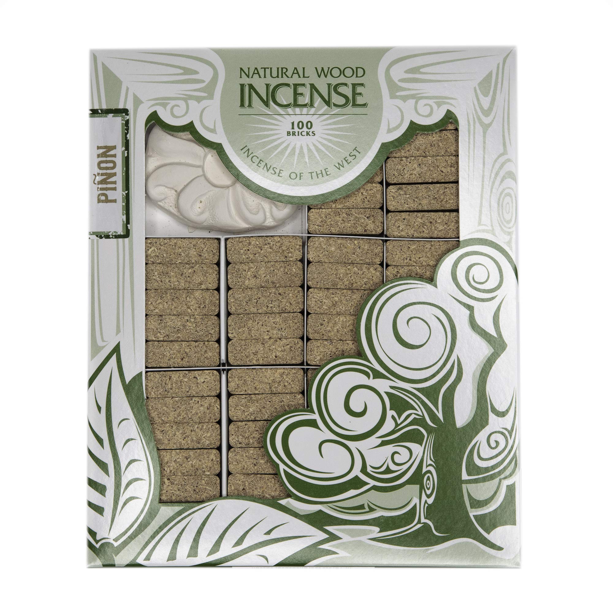 Incienso de Santa Fe Piñon natural wood incense bricks with holder for warm ambiance.