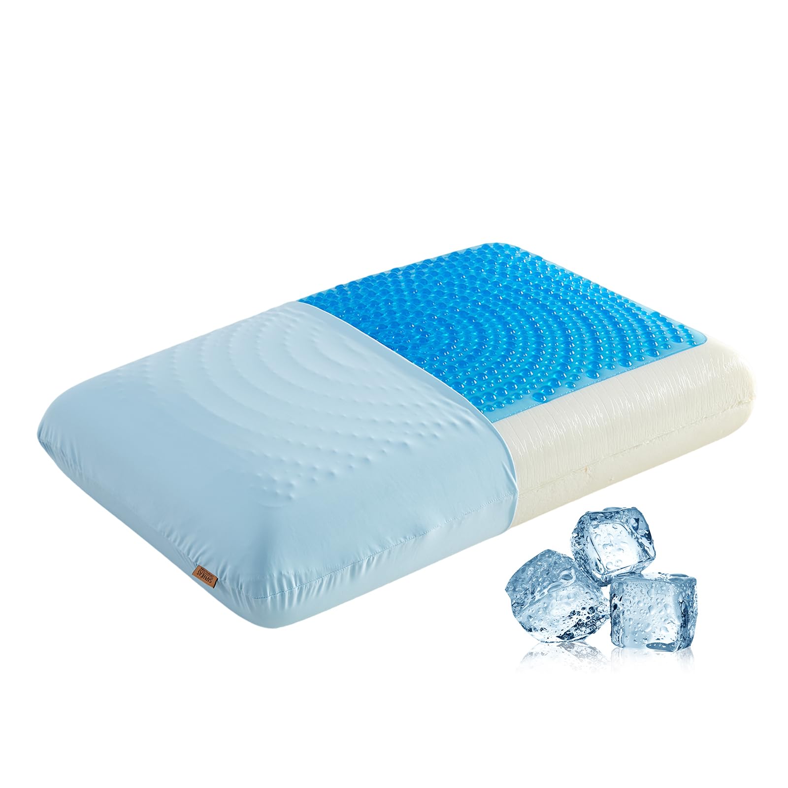 SAPHREAS gel-infused memory foam pillow close-up showing cooling comfort and support