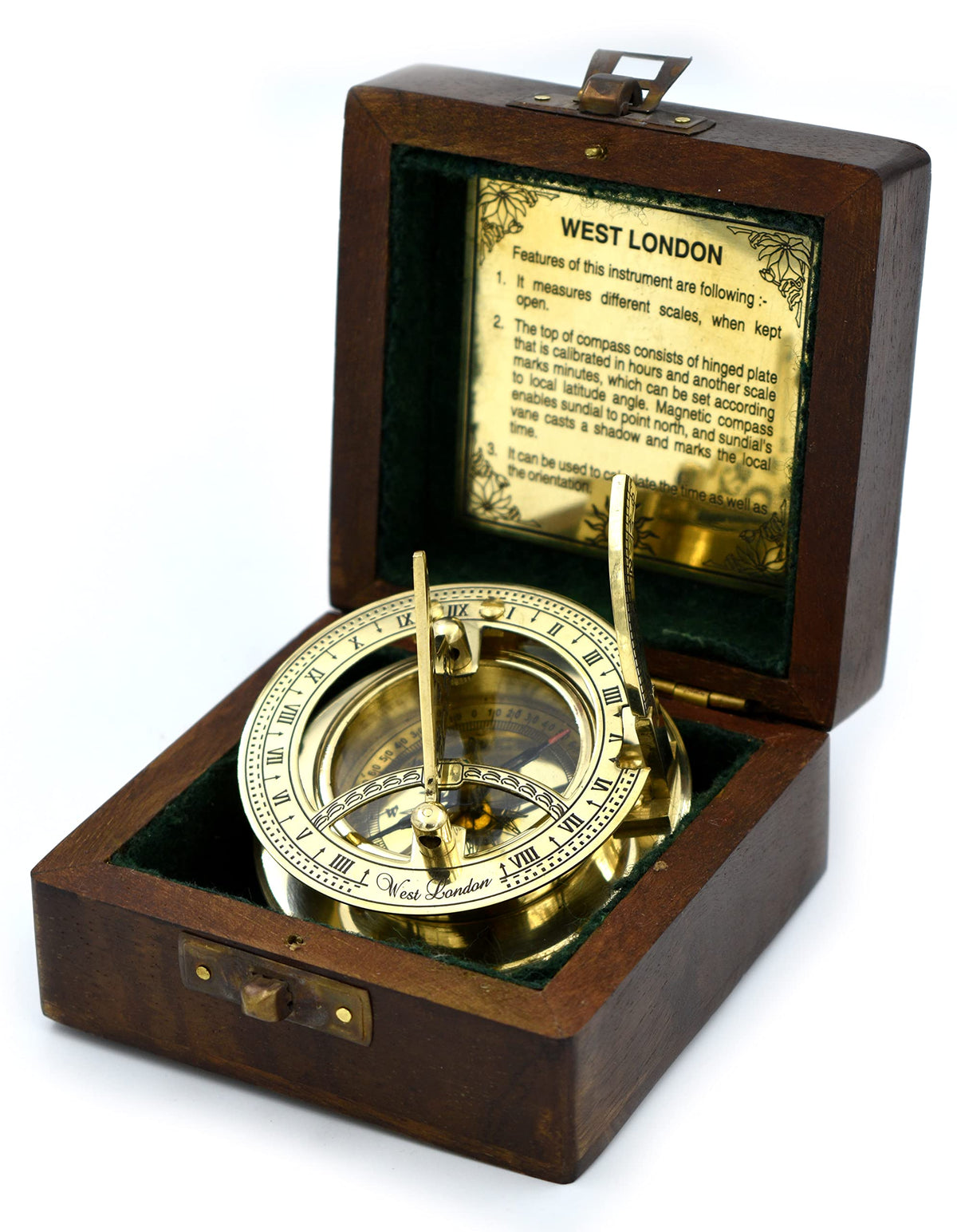 SARA NAUTICAL antique brass sundial compass in box adds nautical charm and gift-worthy elegance.