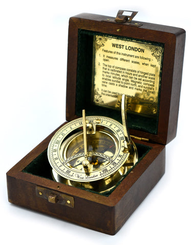 SARA NAUTICAL antique brass sundial compass in box adds nautical charm and gift-worthy elegance.