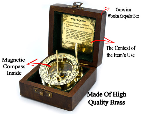 SARA NAUTICAL brass pocket sundial highlights portable timekeeping with classic maritime flair.