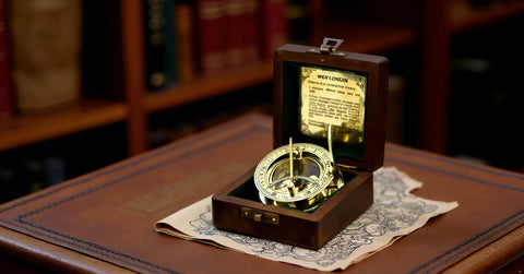SARA NAUTICAL polished brass sundial emphasizes premium finish for refined shelf or desk display.