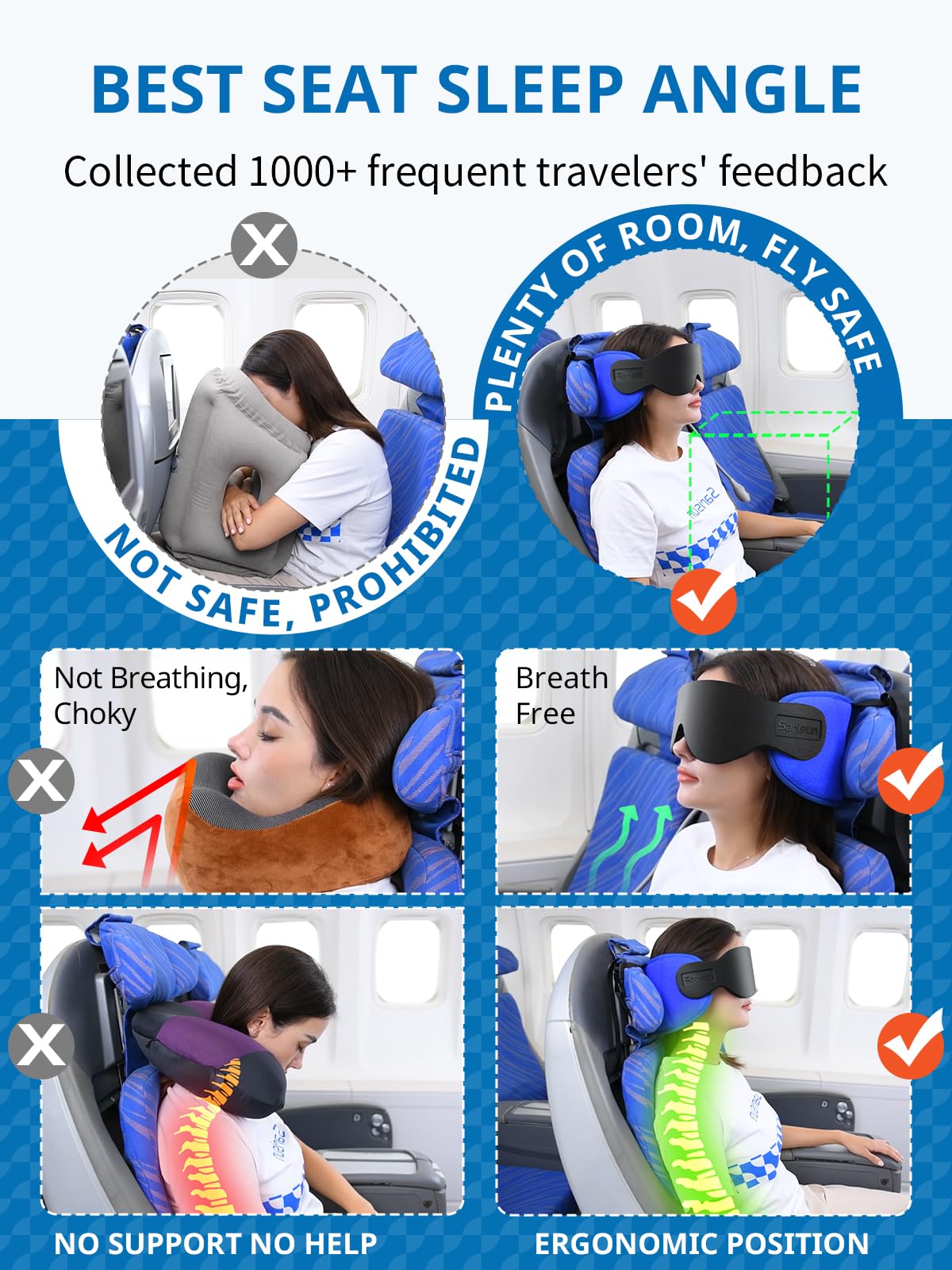 SARISUN 360-headrest soft-support keeps head aligned to reduce movement.