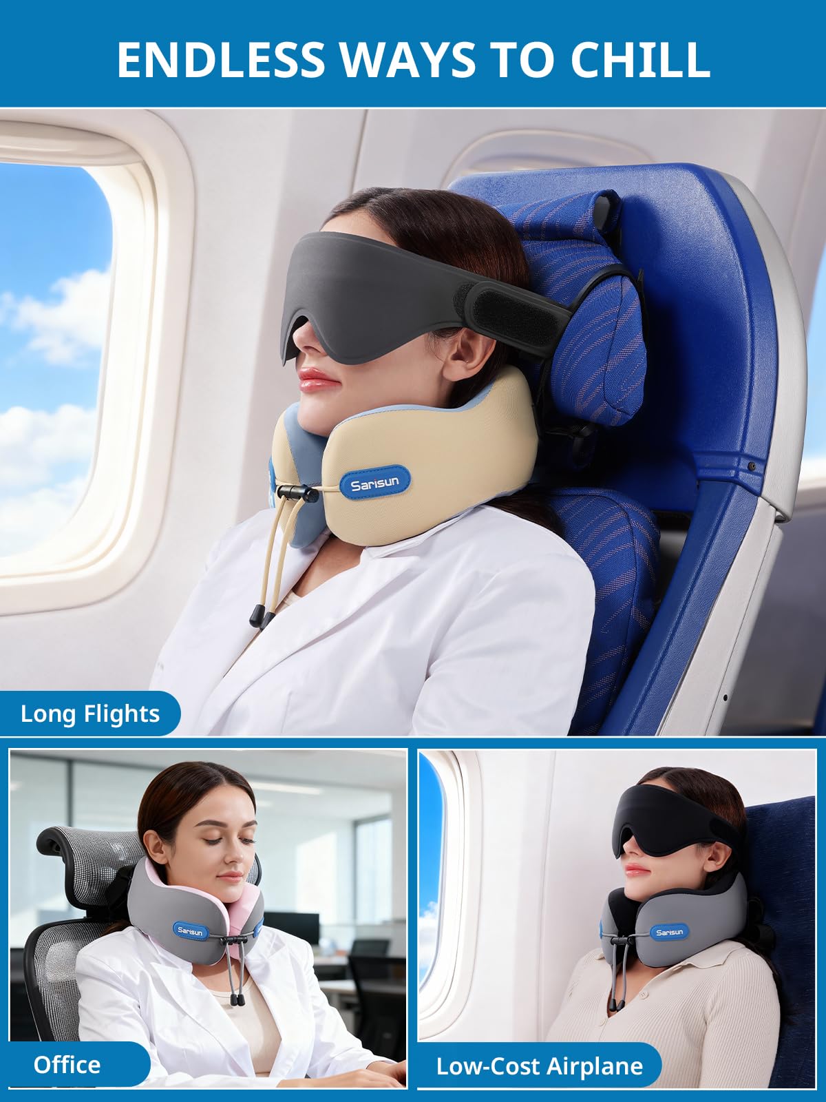 SARISUN neck pillow with universal fit suits most travelers for versatile use