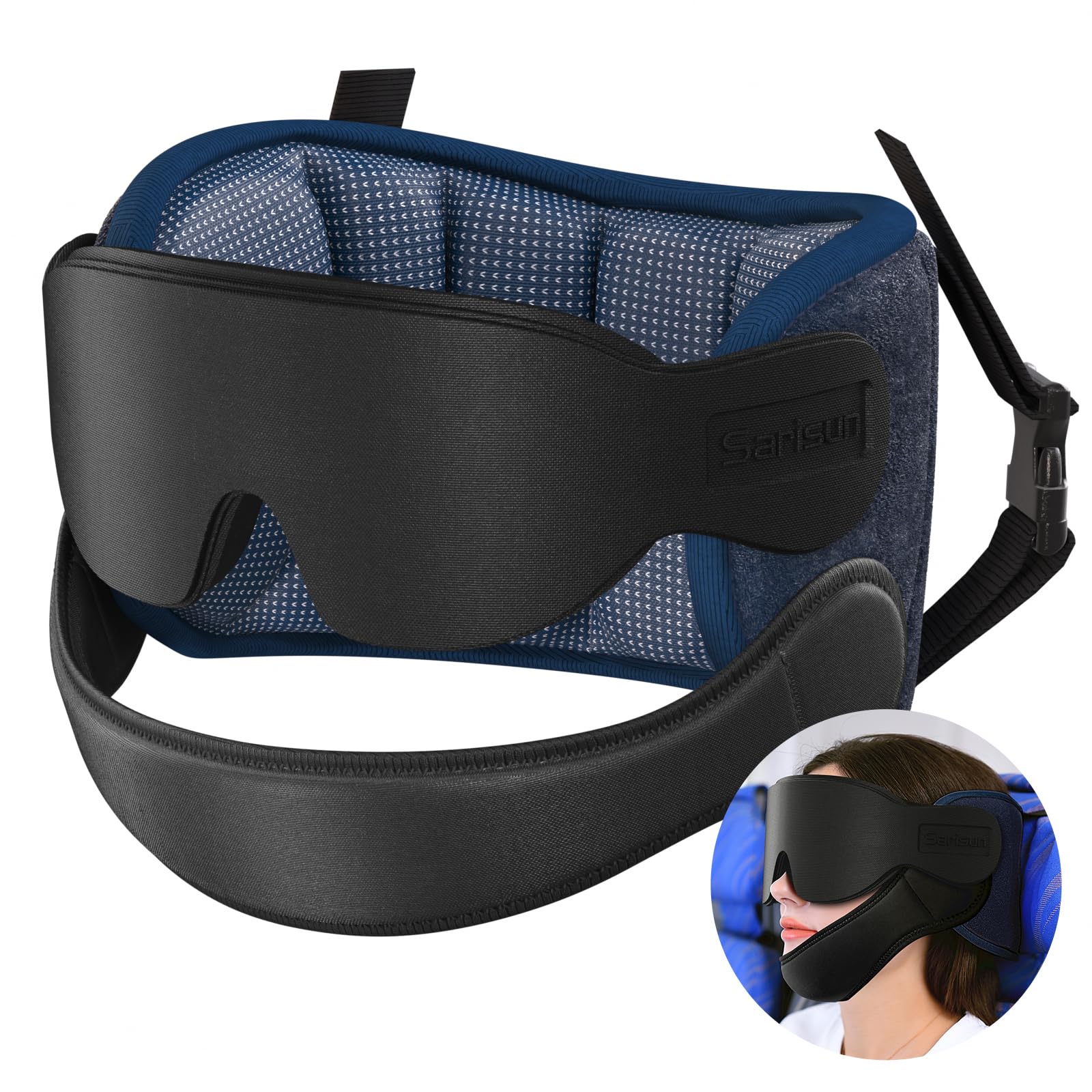 SARISUN travel pillow showing 360° head support on an airplane seat for comfort
