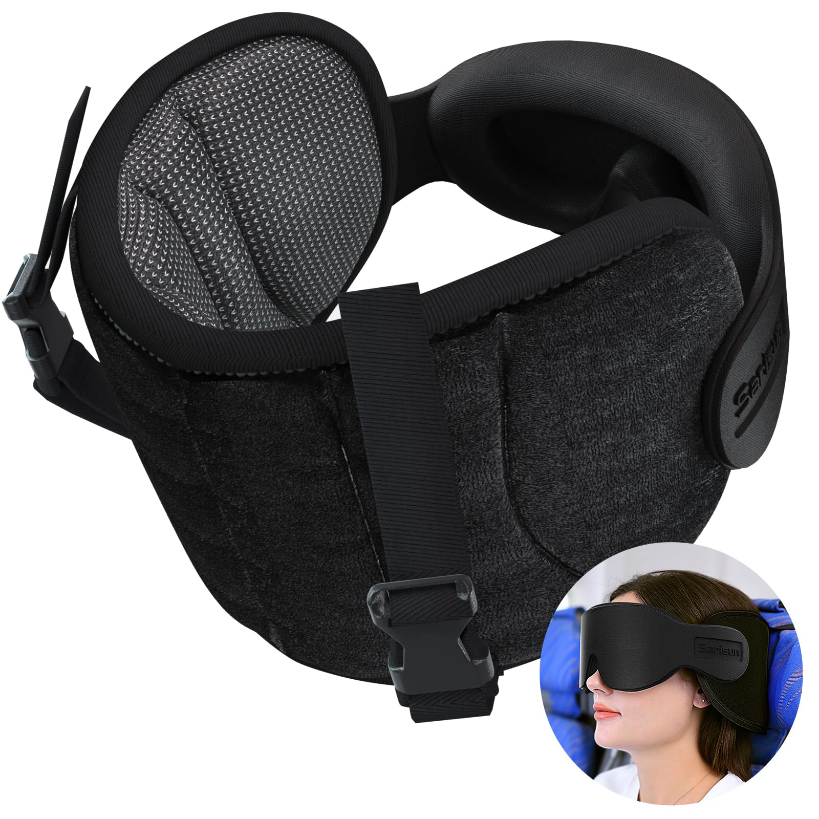 SARISUN travel pillow with 360° headrest in use on an airplane seat