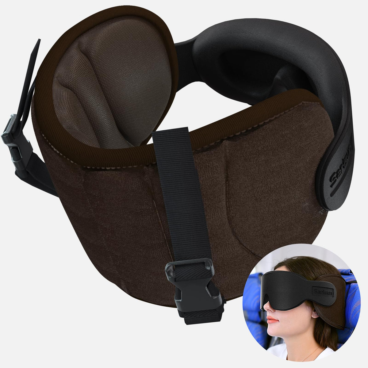 SARISUN travel pillow with 360° headrest supports neck on airplane.