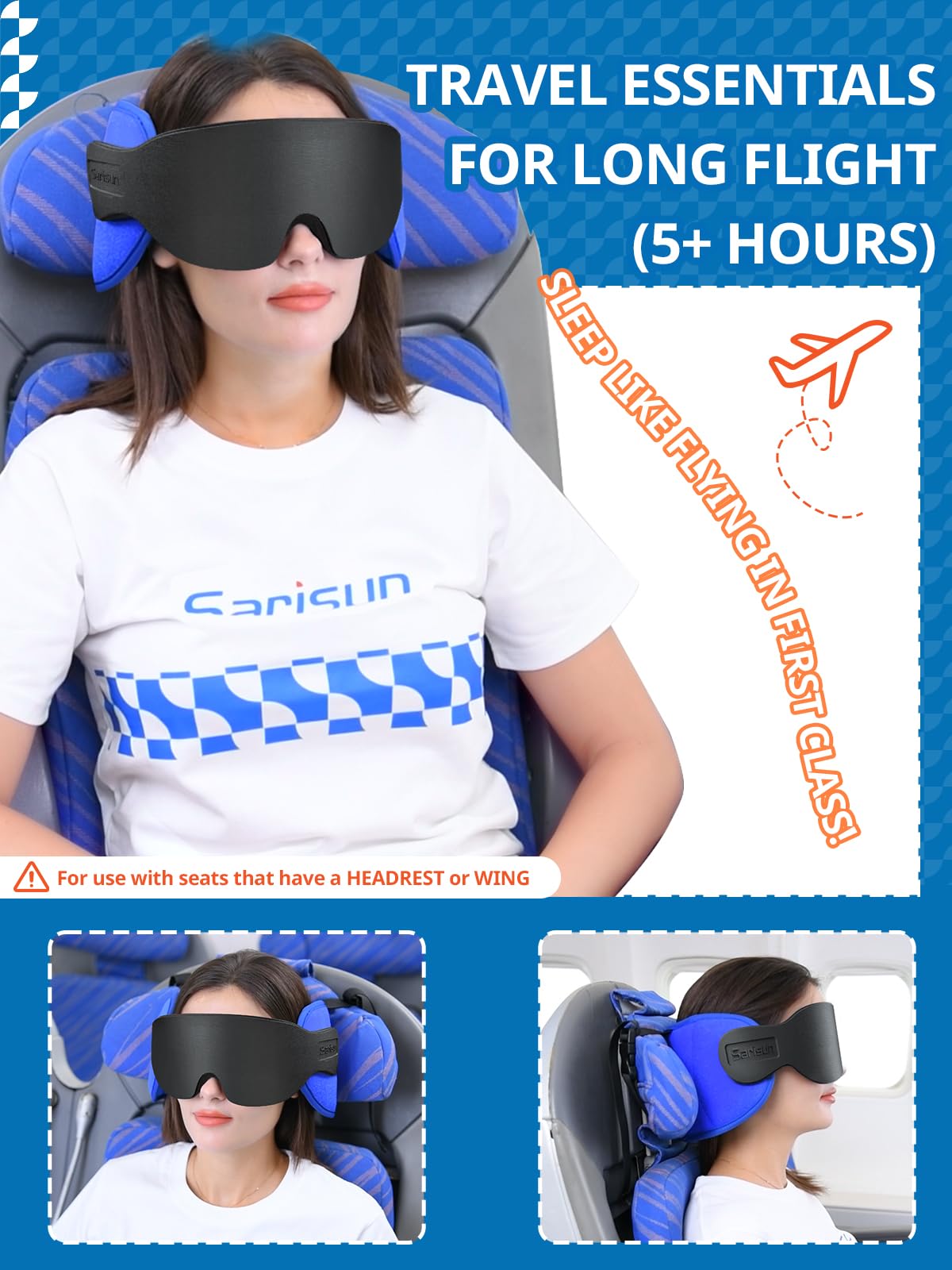 SARISUN travel pillow with built-in eye mask for easy in-flight rest.