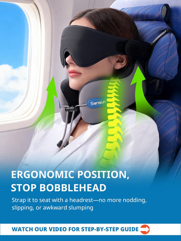 SARISUN travel pillow strap adjusted for secure, relaxed travel naps