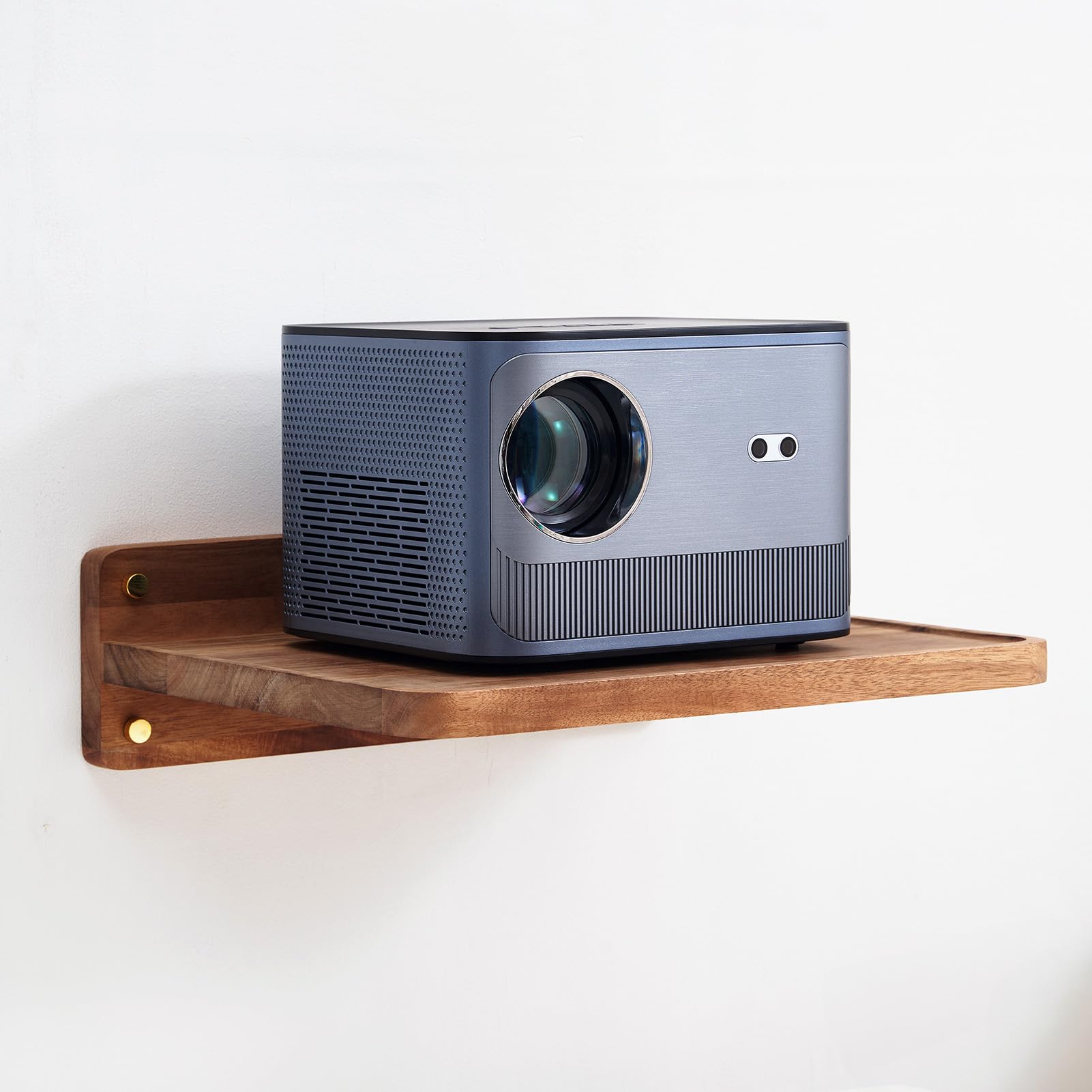 Sarufo acacia wood projector shelf mounted on wall showing warm grain
