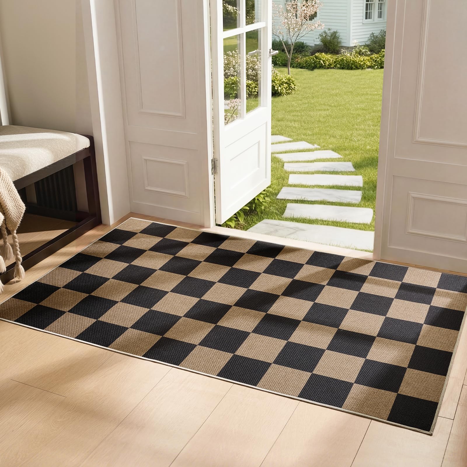 Sasttie checkered jute-look entryway rug 3x5 adds rustic charm with mess-free entryways.