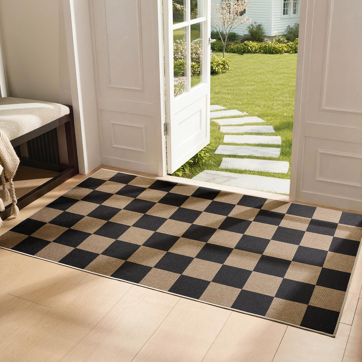 Sasttie checkered jute-look entryway rug 3x5 adds rustic charm with mess-free entryways.