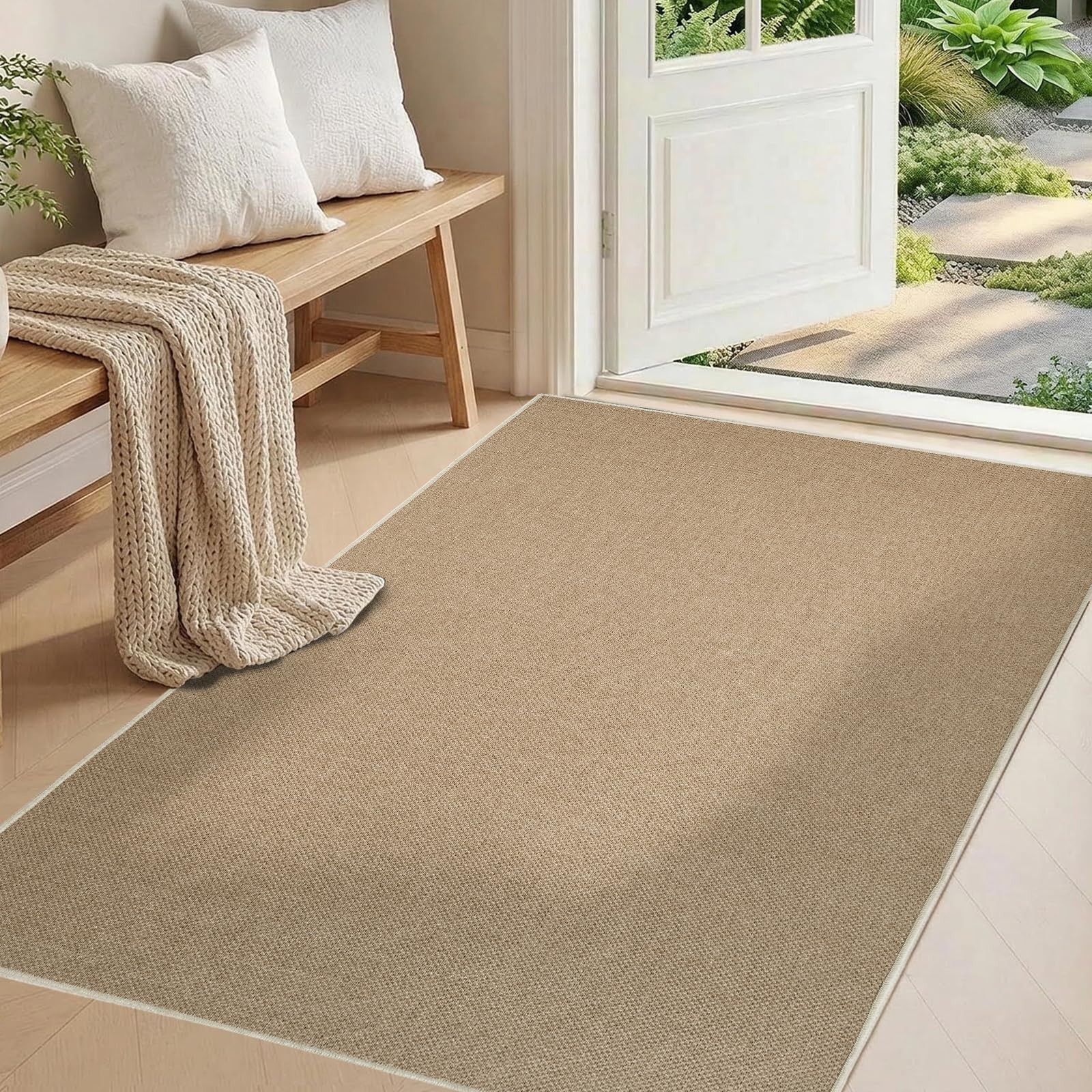 Sasttie checkered jute-look entryway rug offers stylish texture with no shedding.
