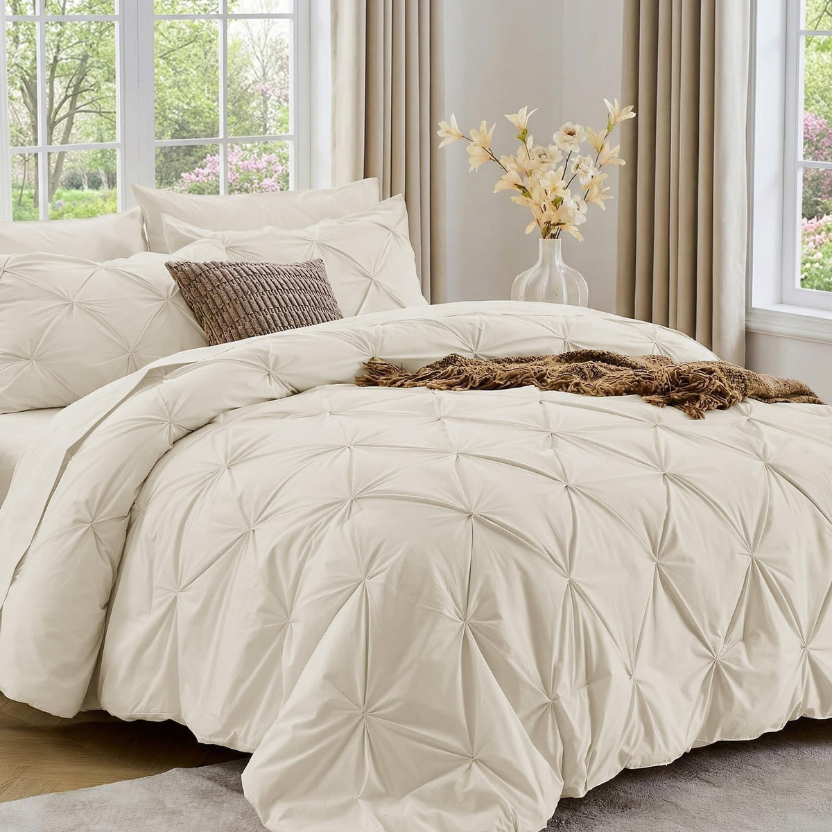 Sasttie king size comforter set beige pintuck close-up, highlighting soft texture and refined bedding detail