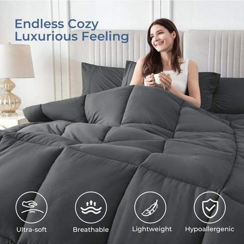 Sasttie king-size comforter set contents laid out for quick bed-in-a-bag styling.