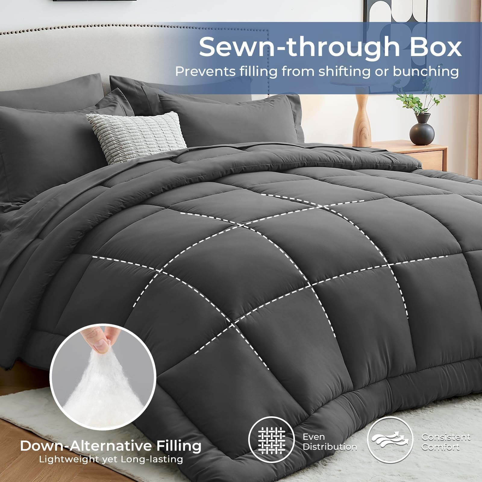 Sasttie king-size comforter on bed emphasizes generous 104x90 inch comforter.