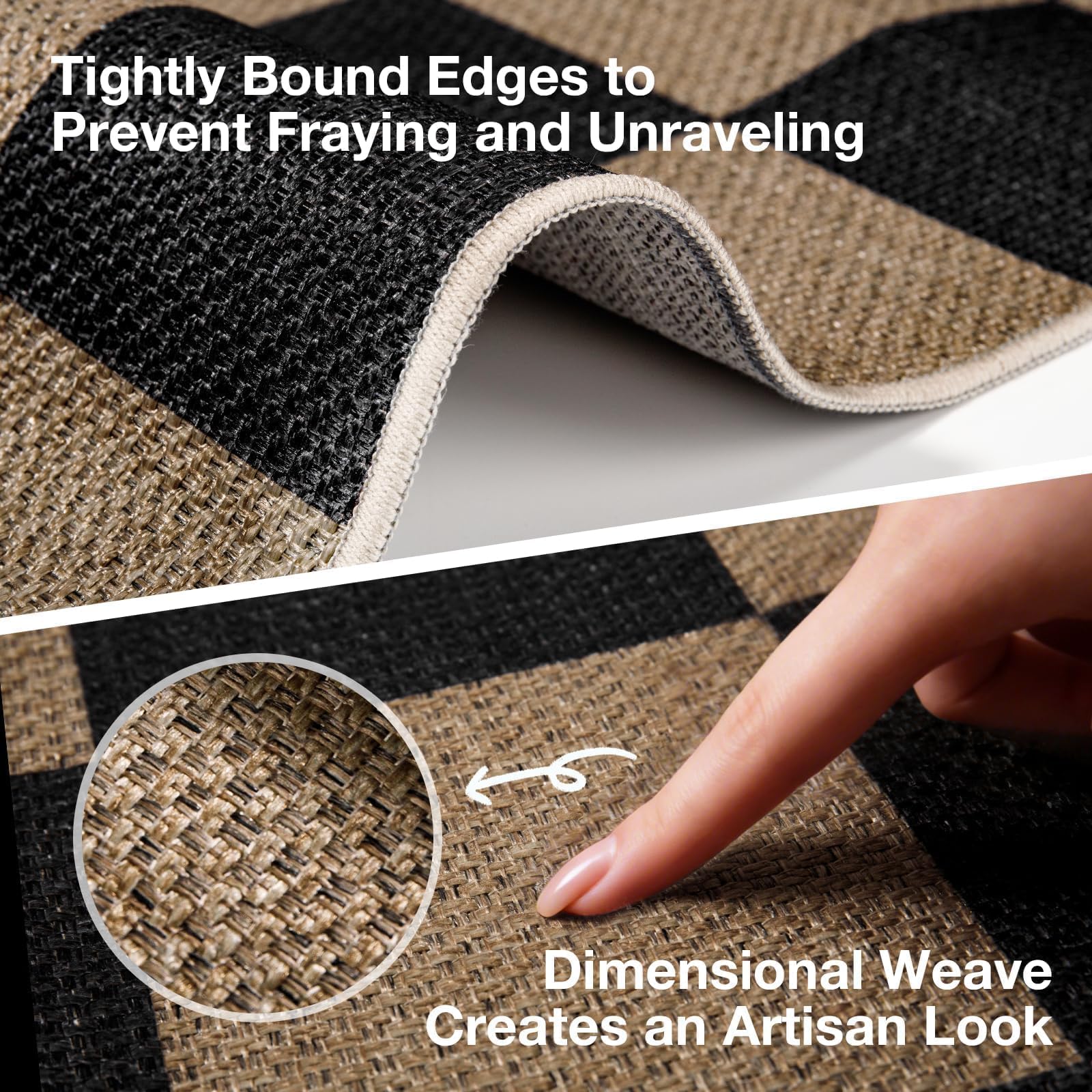 Sasttie neutral black-checkered rug complements any decor style.