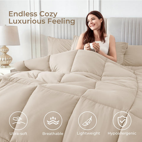 Sasttie bed-in-a-bag beige setup displaying complete bedding for easy, single-step makeover