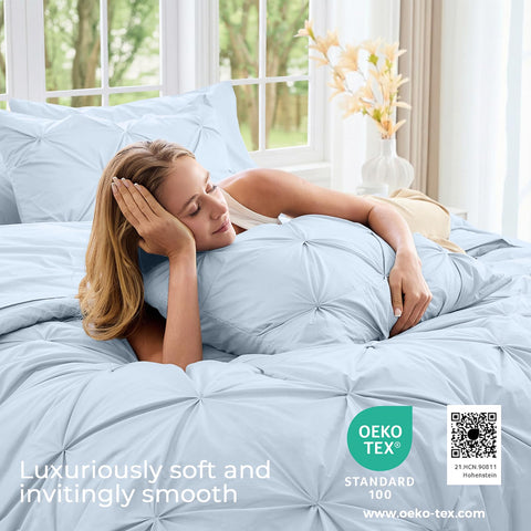Sasttie Queen Comforter Set shows secure 14-inch pocket fitted sheet for a snug fit.