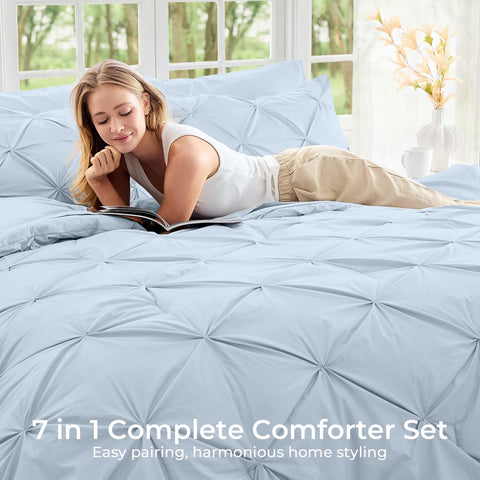 Sasttie Queen Comforter Set on a bright, calm bed scene for all-season comfort.