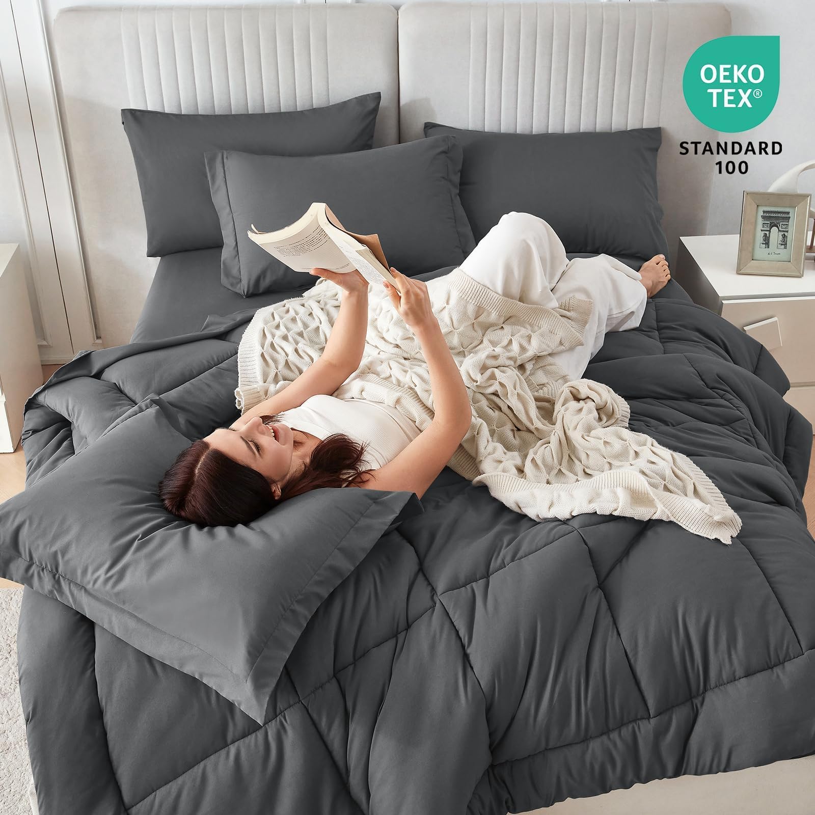 Sasttie Queen Comforter Set pillowcases closeup emphasizes soft, durable microfibers