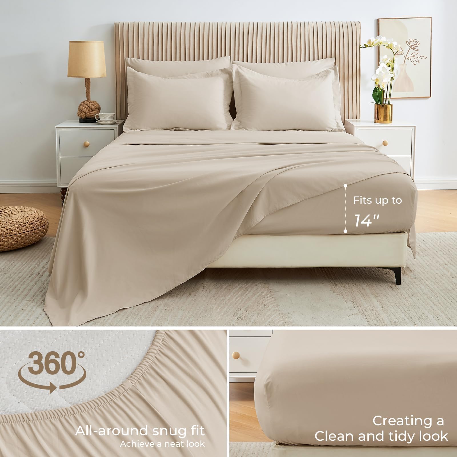Sasttie queen fitted sheet beige with 360-degree elastic fits up to fourteen inches